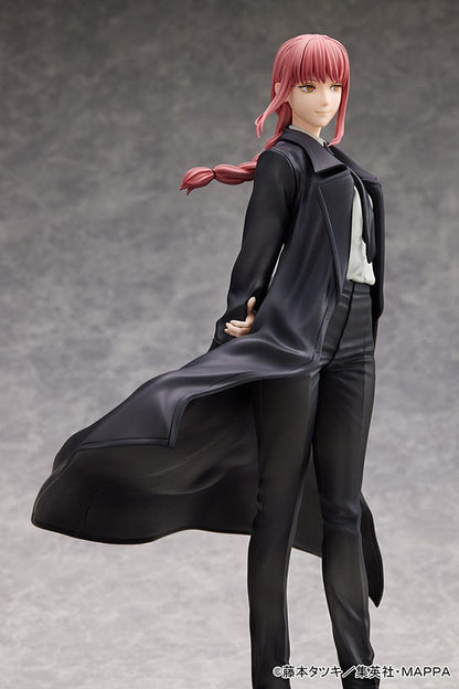 Chainsaw Man Makima 1/7 Scale Figure in black suit and trench coat, walking confidently with dramatic base design in a dark, bloodstained setting.