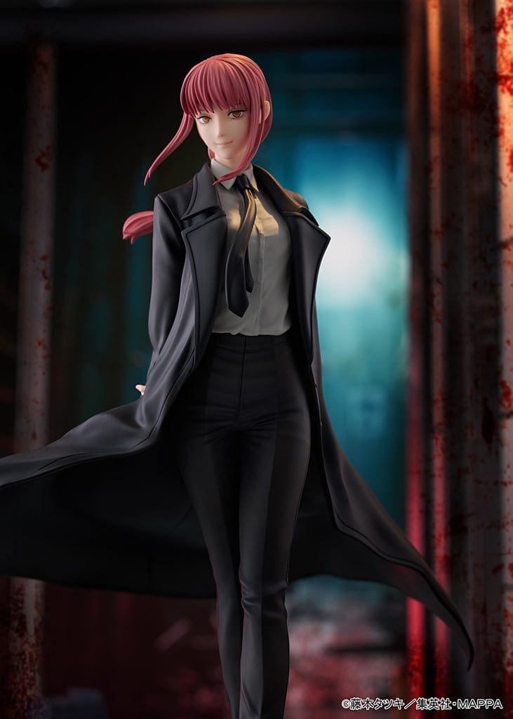 Chainsaw Man Makima 1/7 Scale Figure in black suit and trench coat, walking confidently with dramatic base design in a dark, bloodstained setting.