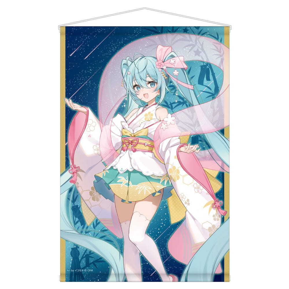 Hatsune Miku in a vibrant Tanabata festival outfit, depicted on a B2 size tapestry from the Akihabara Festival 2024, featuring a starry night background and festive decorations.