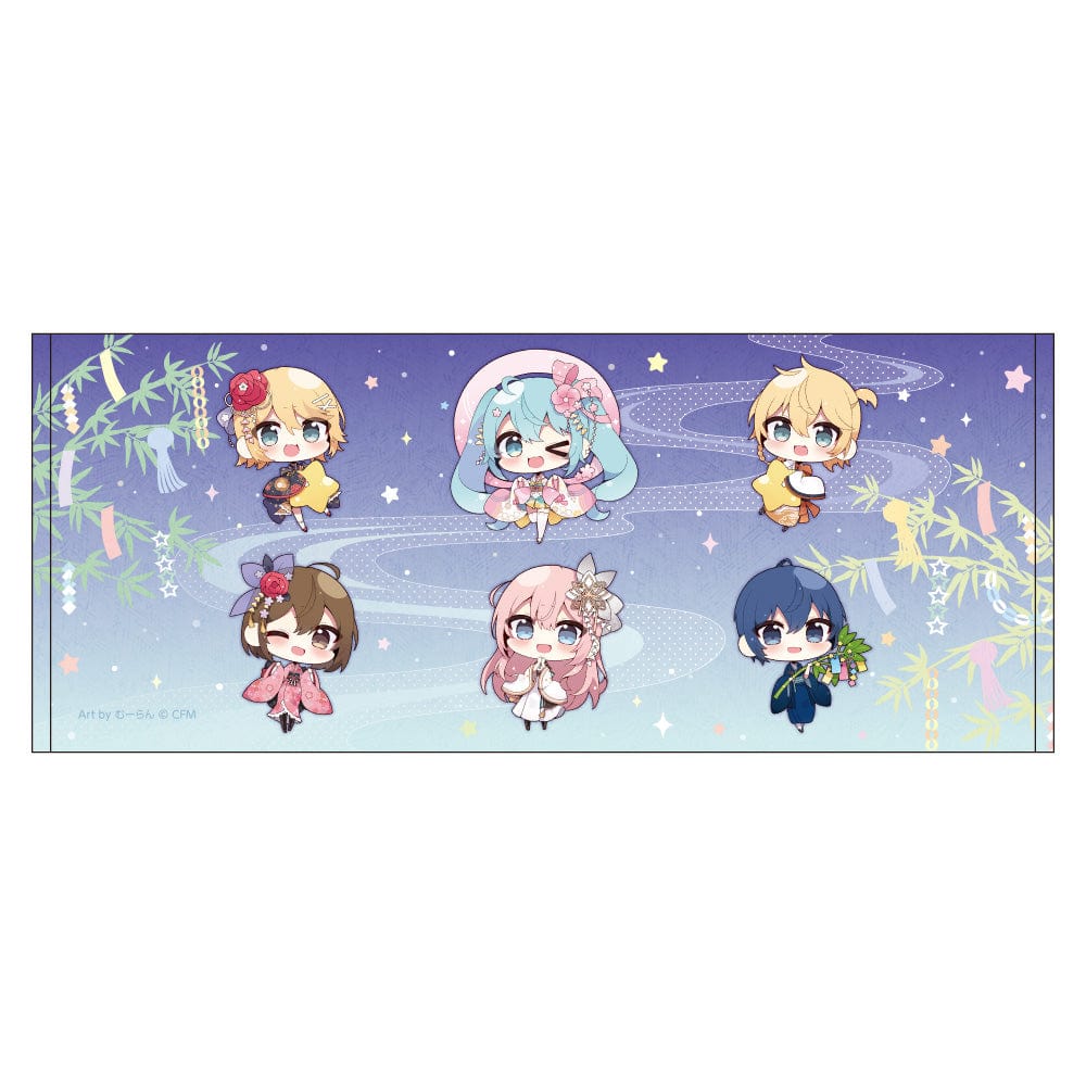 Hatsune Miku Akihabara Festival 2024 Face Towel, Tanabata Version featuring a vibrant and colorful design with chibi characters dressed in festival attire on a starry background, ideal for Hatsune Miku fans and collectors.