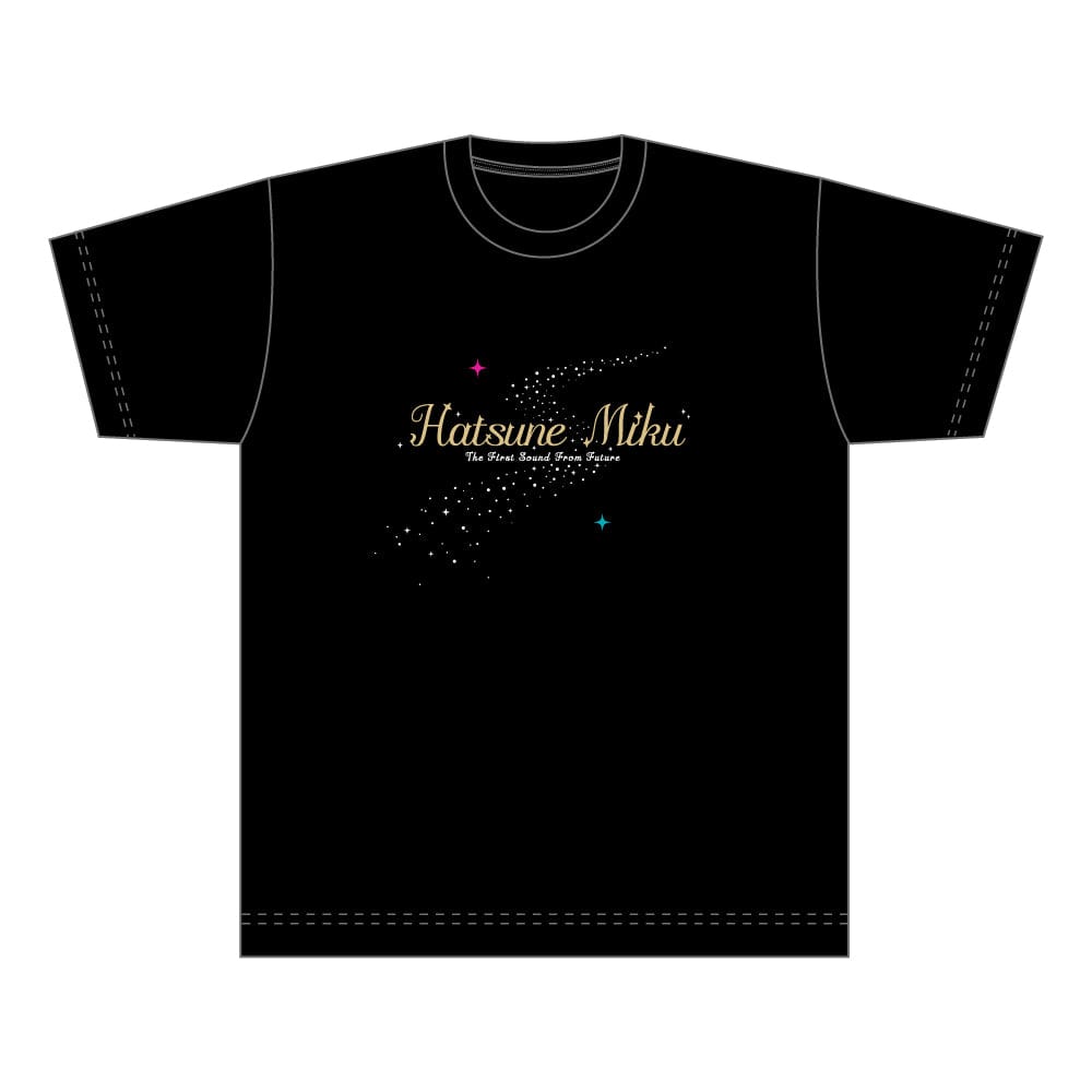 Hatsune Miku Akihabara Festival 2024 T-shirt, Tanabata Version featuring a black base with a sparkling constellation design spelling out 'Hatsune Miku,' accented with colorful stars, ideal for fans of the iconic virtual singer.