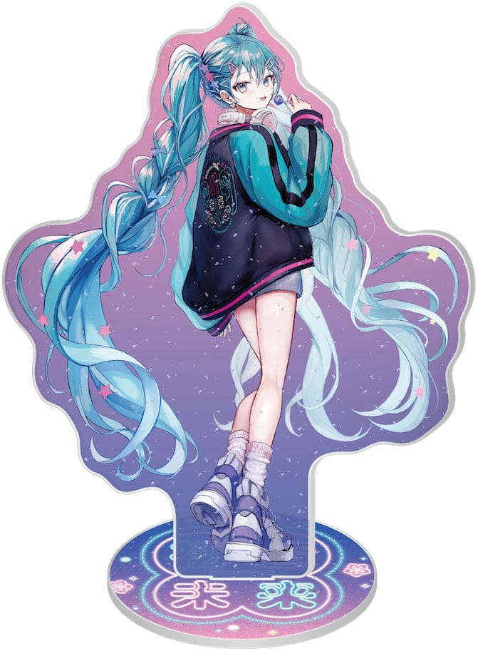 Stylish Hatsune Miku x SOLWA Acrylic Stand featuring artwork by PiPi A, showcasing Miku in a trendy modern outfit with a sparkling lame finish.