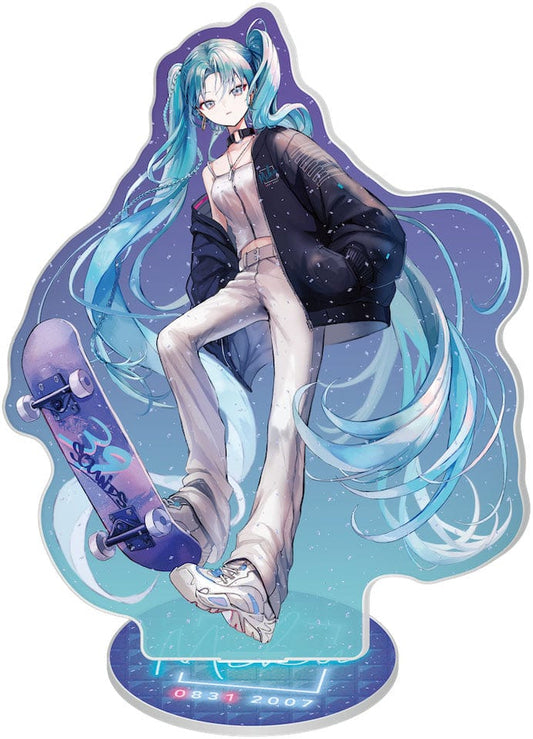 Urban-themed Hatsune Miku x SOLWA Acrylic Stand featuring exclusive artwork by PiPi B, portraying Miku with a skateboard and stylish streetwear.