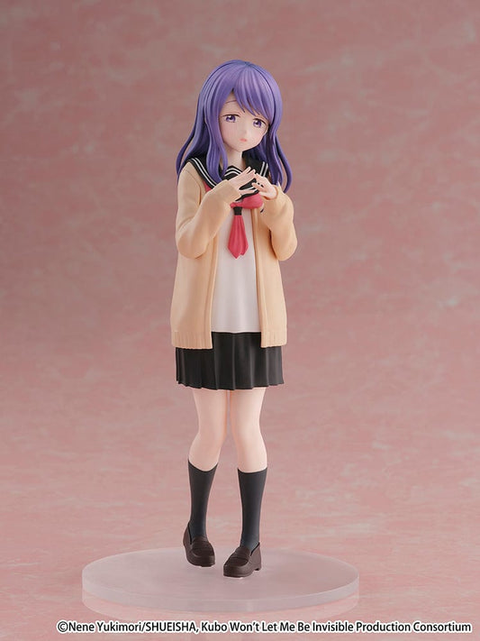 Kubo Won't Let Me Be Invisible Cantabile Nagisa Kubo Figure, featuring Nagisa in her school uniform with purple hair, holding a camera, and standing on a clear base.