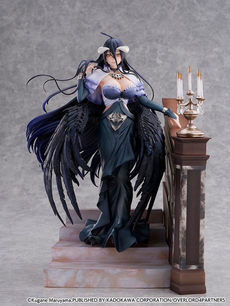 Overlord Albedo (Jet Black Dress Ver.) 1/7 Scale Figure with black dress, wings, and candelabrum on a staircase base.