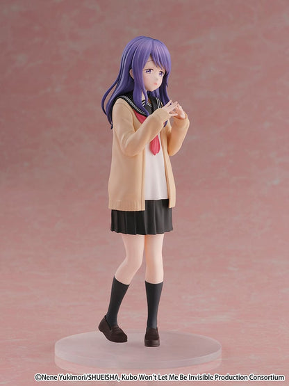 Kubo Won't Let Me Be Invisible Cantabile Nagisa Kubo Figure, featuring Nagisa in her school uniform with purple hair, holding a camera, and standing on a clear base.