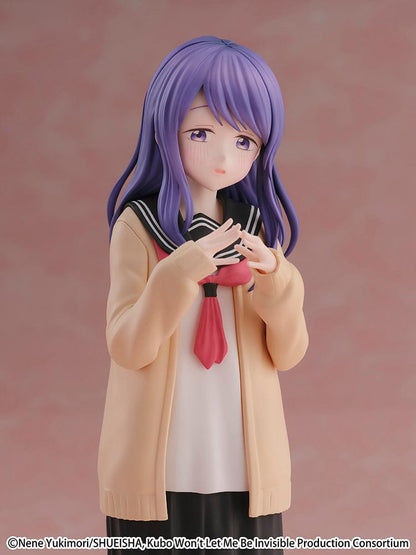 Kubo Won't Let Me Be Invisible Cantabile Nagisa Kubo Figure, featuring Nagisa in her school uniform with purple hair, holding a camera, and standing on a clear base.