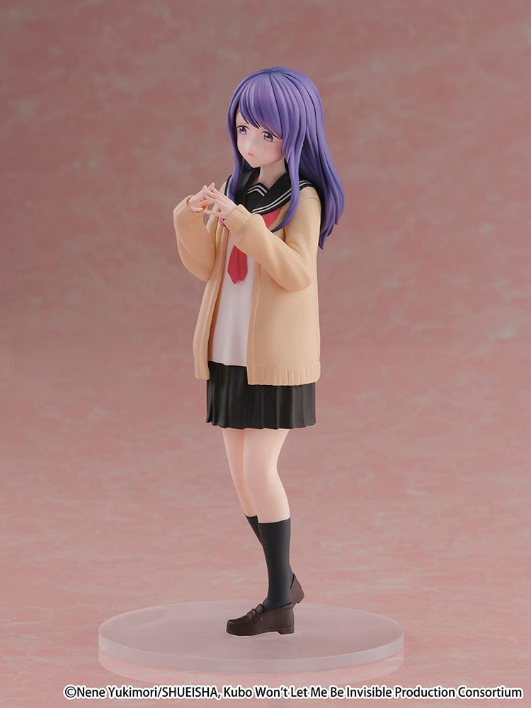 Kubo Won't Let Me Be Invisible Cantabile Nagisa Kubo Figure, featuring Nagisa in her school uniform with purple hair, holding a camera, and standing on a clear base.