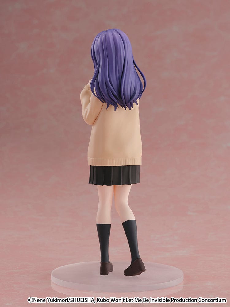 Kubo Won't Let Me Be Invisible Cantabile Nagisa Kubo Figure, featuring Nagisa in her school uniform with purple hair, holding a camera, and standing on a clear base.