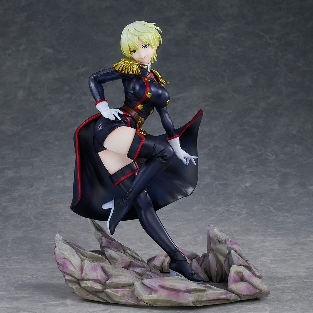 Chained Soldier Tenka Izumo 1/7 Scale Figure featuring a sleek military outfit, flowing cape, and dynamic pose on a rocky base.