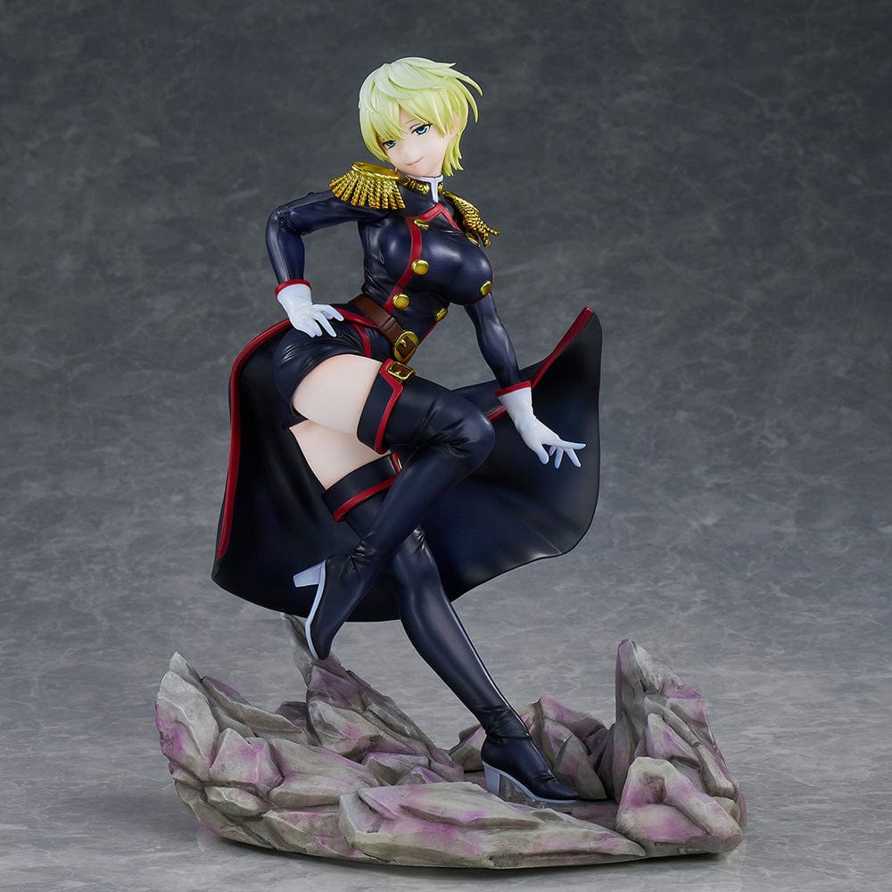 Chained Soldier Tenka Izumo 1/7 Scale Figure featuring a sleek military outfit, flowing cape, and dynamic pose on a rocky base.