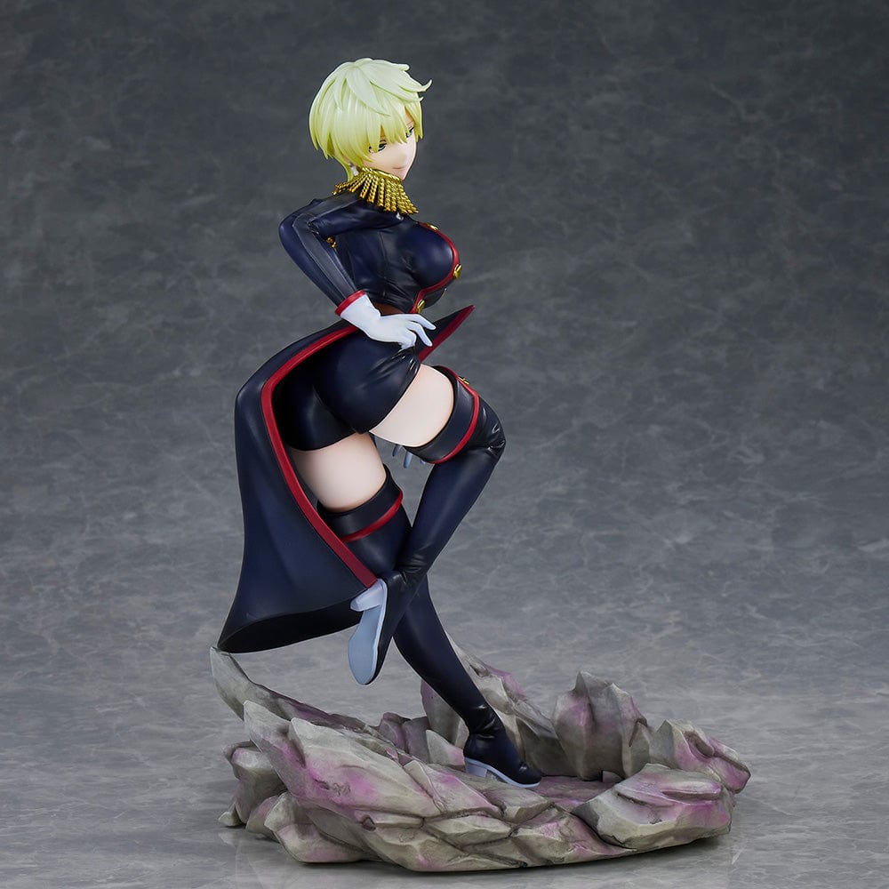 Chained Soldier Tenka Izumo 1/7 Scale Figure featuring a sleek military outfit, flowing cape, and dynamic pose on a rocky base.