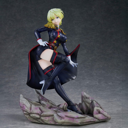 Chained Soldier Tenka Izumo 1/7 Scale Figure featuring a sleek military outfit, flowing cape, and dynamic pose on a rocky base.