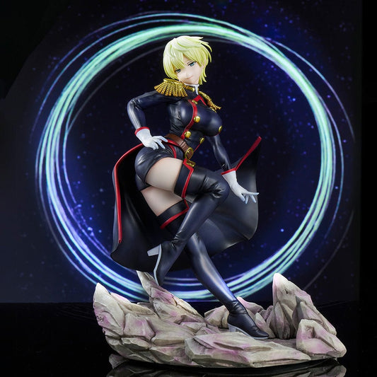 Chained Soldier Tenka Izumo 1/7 Scale Figure featuring a sleek military outfit, flowing cape, and dynamic pose on a rocky base.