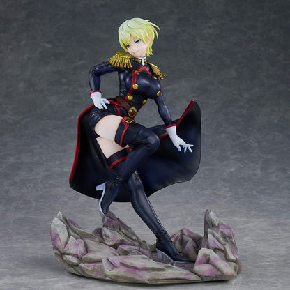 Chained Soldier Tenka Izumo 1/7 Scale Figure featuring a sleek military outfit, flowing cape, and dynamic pose on a rocky base.