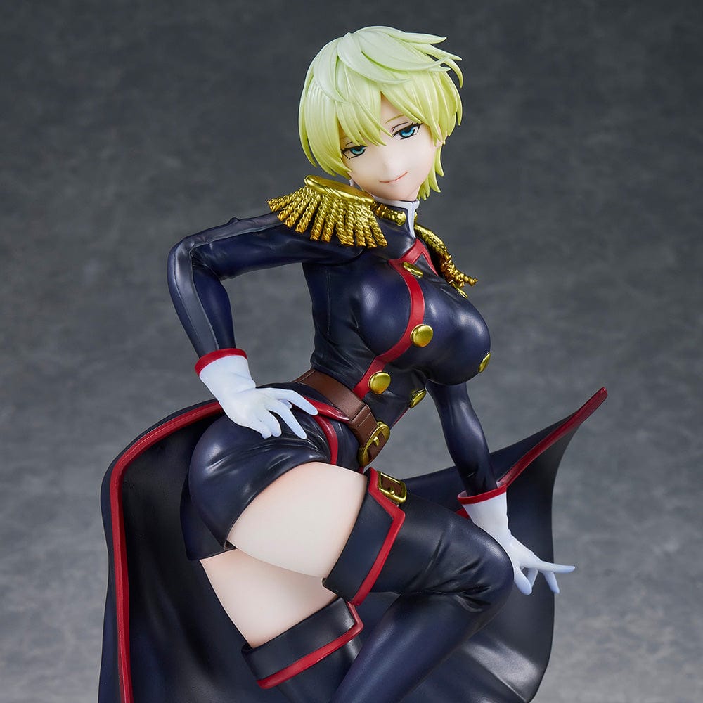 Chained Soldier Tenka Izumo 1/7 Scale Figure featuring a sleek military outfit, flowing cape, and dynamic pose on a rocky base.