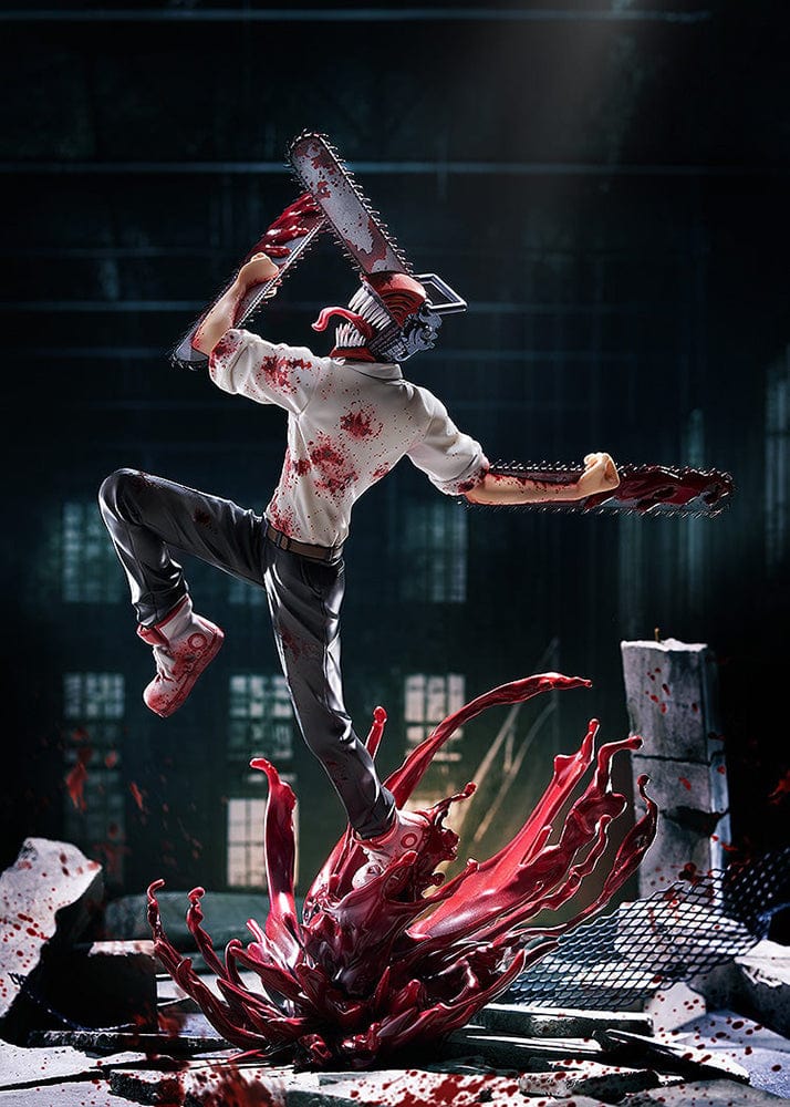 Chainsaw Man 1/7 Scale Figure featuring Denji in mid-leap with chainsaws in hand, surrounded by explosive blood effects on a dynamic base.