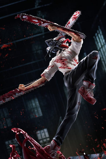 Chainsaw Man 1/7 Scale Figure featuring Denji in mid-leap with chainsaws in hand, surrounded by explosive blood effects on a dynamic base.