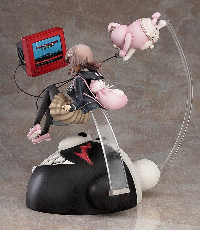 Danganronpa Chiaki Nanami 1/8 Scale Figure (2nd Reissue) featuring Chiaki sitting on a large Monokuma head with gaming elements like a CRT TV, console controller, and her pink Usami plush.