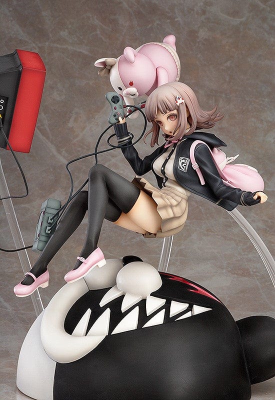 Danganronpa Chiaki Nanami 1/8 Scale Figure (2nd Reissue) featuring Chiaki sitting on a large Monokuma head with gaming elements like a CRT TV, console controller, and her pink Usami plush.