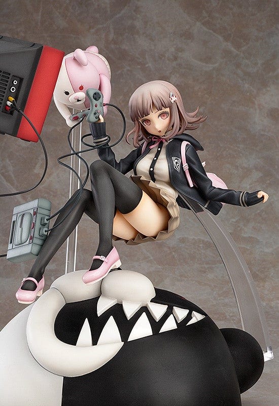 Danganronpa Chiaki Nanami 1/8 Scale Figure (2nd Reissue) featuring Chiaki sitting on a large Monokuma head with gaming elements like a CRT TV, console controller, and her pink Usami plush.