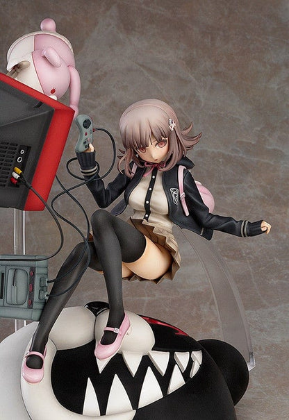 Danganronpa Chiaki Nanami 1/8 Scale Figure (2nd Reissue) featuring Chiaki sitting on a large Monokuma head with gaming elements like a CRT TV, console controller, and her pink Usami plush.