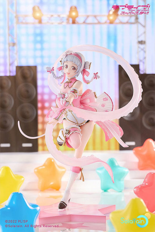1/7 scale figure of Chisato Arashi from Love Live! Superstar!! in her Dream of Roses version, featuring a dynamic pose with flowing ribbons and rose details, wearing a pink idol outfit with white boots on a matching pink base.