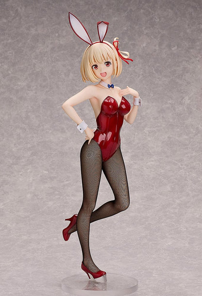 Lycoris Recoil Chisato Nishikigi (Bunny Ver.) 1/4 Scale Figure in vibrant red bunny outfit with fishnet stockings and blonde hair, striking a playful pose.