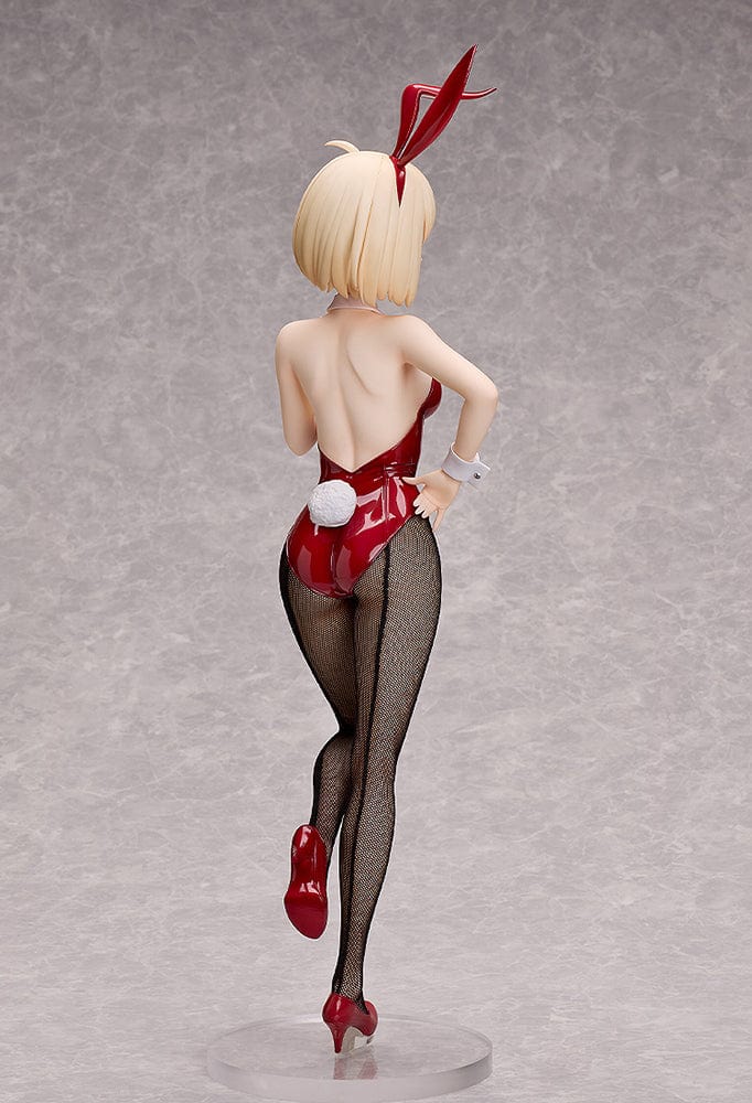 Lycoris Recoil Chisato Nishikigi (Bunny Ver.) 1/4 Scale Figure in vibrant red bunny outfit with fishnet stockings and blonde hair, striking a playful pose.