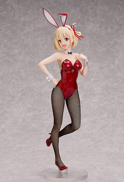 Lycoris Recoil Chisato Nishikigi (Bunny Ver.) 1/4 Scale Figure in vibrant red bunny outfit with fishnet stockings and blonde hair, striking a playful pose.