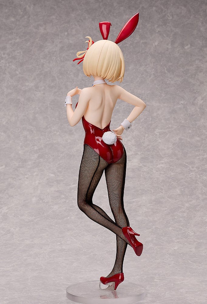 Lycoris Recoil Chisato Nishikigi (Bunny Ver.) 1/4 Scale Figure in vibrant red bunny outfit with fishnet stockings and blonde hair, striking a playful pose.