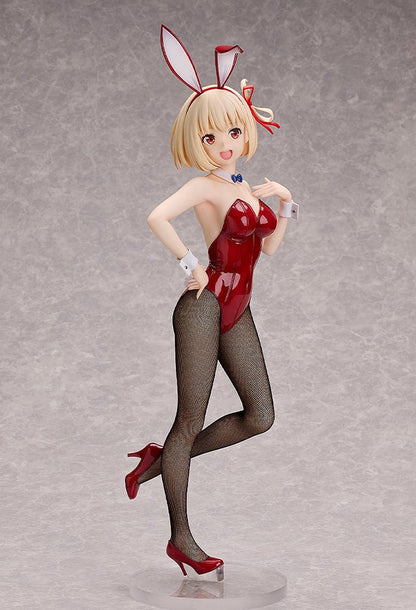 Lycoris Recoil Chisato Nishikigi (Bunny Ver.) 1/4 Scale Figure in vibrant red bunny outfit with fishnet stockings and blonde hair, striking a playful pose.