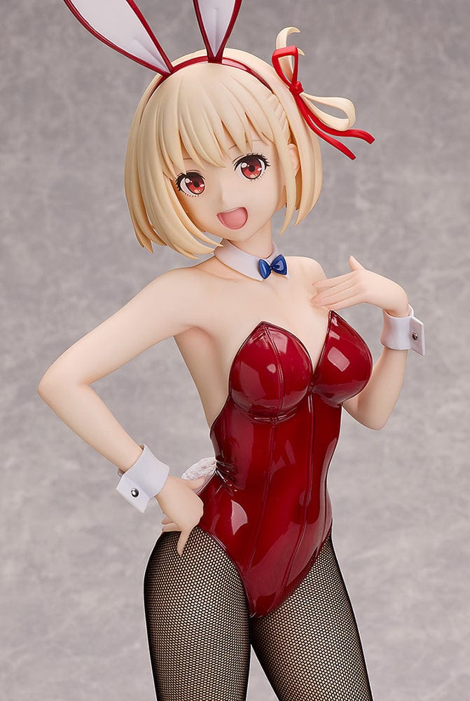 Lycoris Recoil Chisato Nishikigi (Bunny Ver.) 1/4 Scale Figure in vibrant red bunny outfit with fishnet stockings and blonde hair, striking a playful pose.