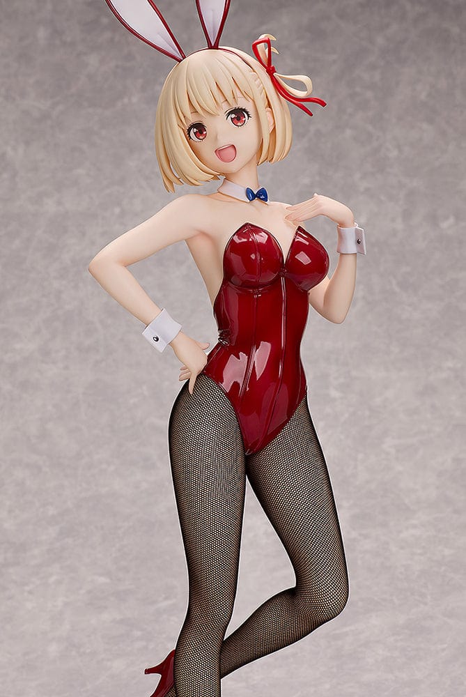 Lycoris Recoil Chisato Nishikigi (Bunny Ver.) 1/4 Scale Figure in vibrant red bunny outfit with fishnet stockings and blonde hair, striking a playful pose.