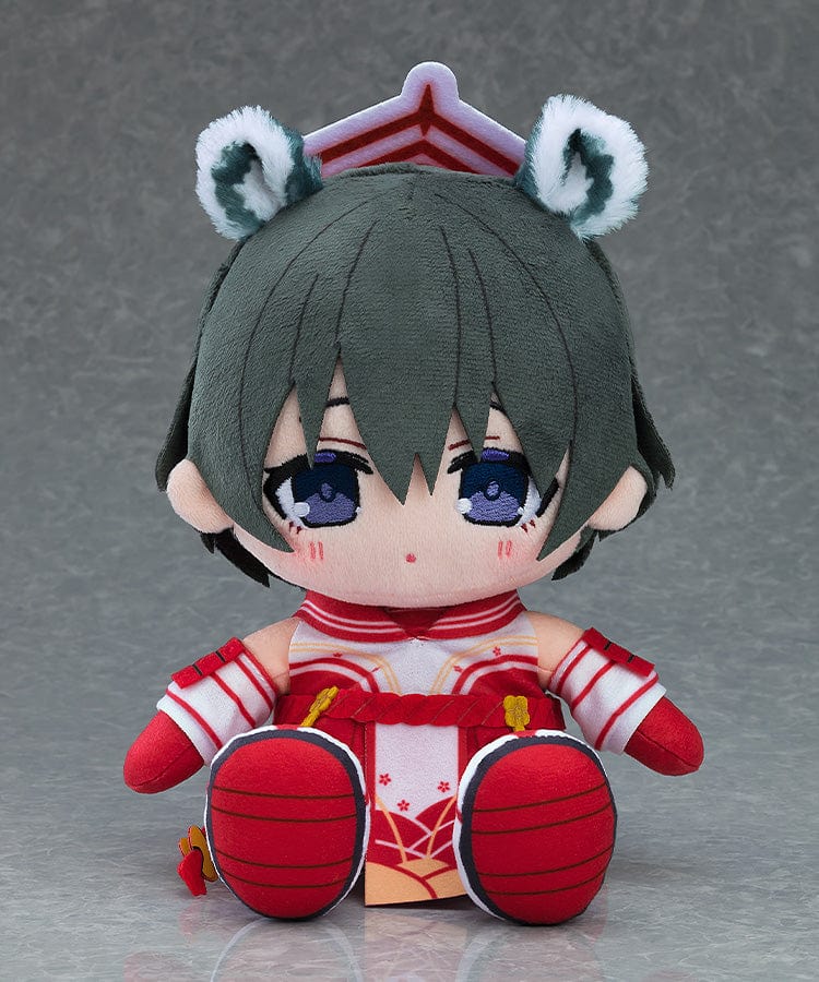 Blue Archive Chocopuni Plushie Tsubaki in red and white outfit with wolf ears, designed in a cute chibi style, perfect for cuddling or display.