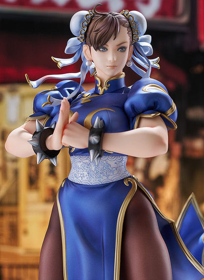 Street Fighter Chun-Li (Standby) 1/6 Scale Figure showcasing her classic blue qipao, muscular stance, and detailed sculpting, set against a white background.