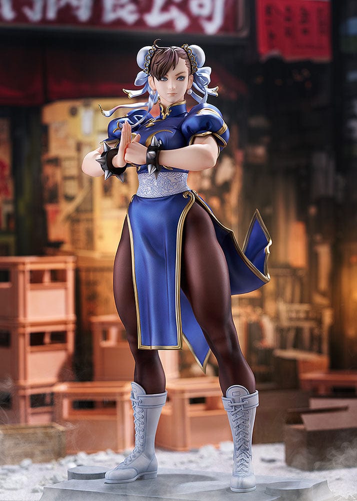 Street Fighter Chun-Li (Standby) 1/6 Scale Figure showcasing her classic blue qipao, muscular stance, and detailed sculpting, set against a white background.