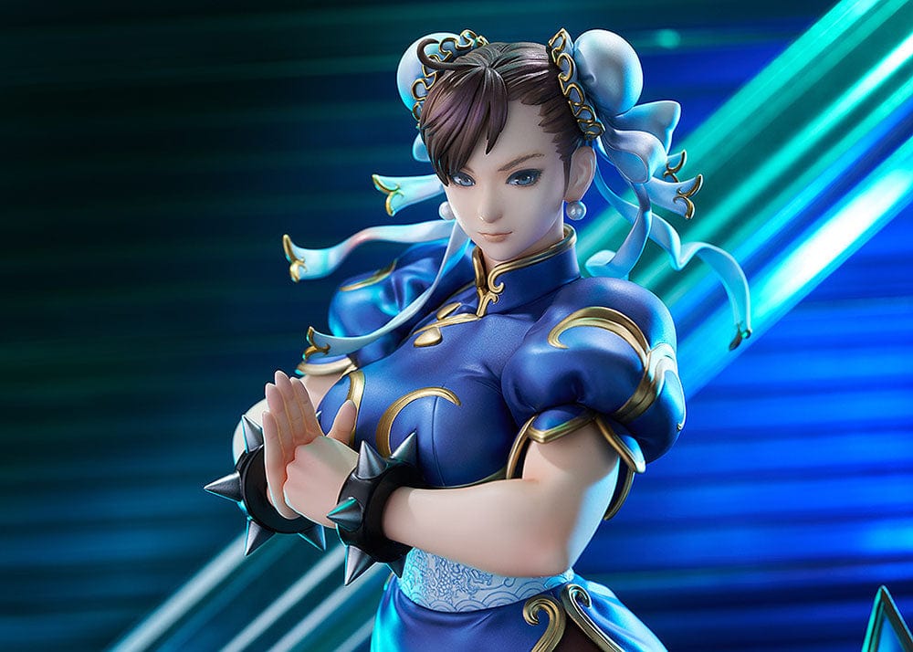 Street Fighter Chun-Li (Standby) 1/6 Scale Figure showcasing her classic blue qipao, muscular stance, and detailed sculpting, set against a white background.