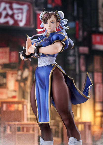 Street Fighter Chun-Li (Standby) 1/6 Scale Figure showcasing her classic blue qipao, muscular stance, and detailed sculpting, set against a white background.