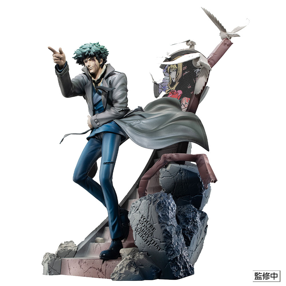 "Cowboy Bebop Spike Spiegel 2nd Gig (Daybreak) Figure - Detailed anime figure of Spike Spiegel in his iconic suit and trench coat, standing poised with a gun on a staircase base with broken structures and shattered mural backdrop."