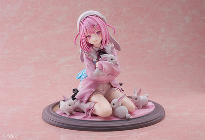 Illustrator Collection Figure Toshishita Kanojo 1/6 Scale Figure, featuring a pink-haired girl in pastel clothing surrounded by small rabbits on a circular base.