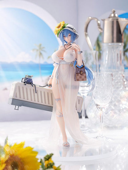 Girls' Frontline DP-12 (Morning Fable Ver.) 1/7 Scale Figure in translucent white summer dress with sunflower hat and large weapon, standing gracefully.