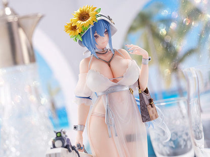 Girls' Frontline DP-12 (Morning Fable Ver.) 1/7 Scale Figure in translucent white summer dress with sunflower hat and large weapon, standing gracefully.