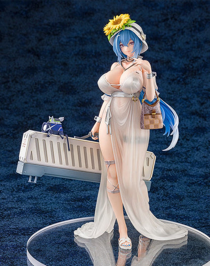 Girls' Frontline DP-12 (Morning Fable Ver.) 1/7 Scale Figure in translucent white summer dress with sunflower hat and large weapon, standing gracefully.