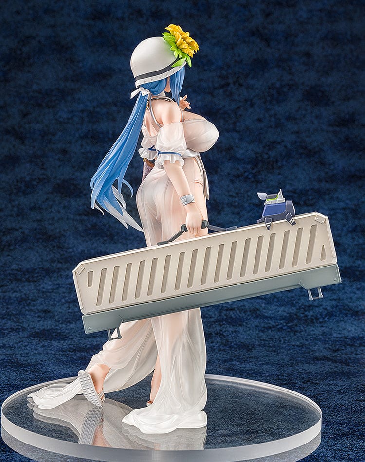 Girls' Frontline DP-12 (Morning Fable Ver.) 1/7 Scale Figure in translucent white summer dress with sunflower hat and large weapon, standing gracefully.