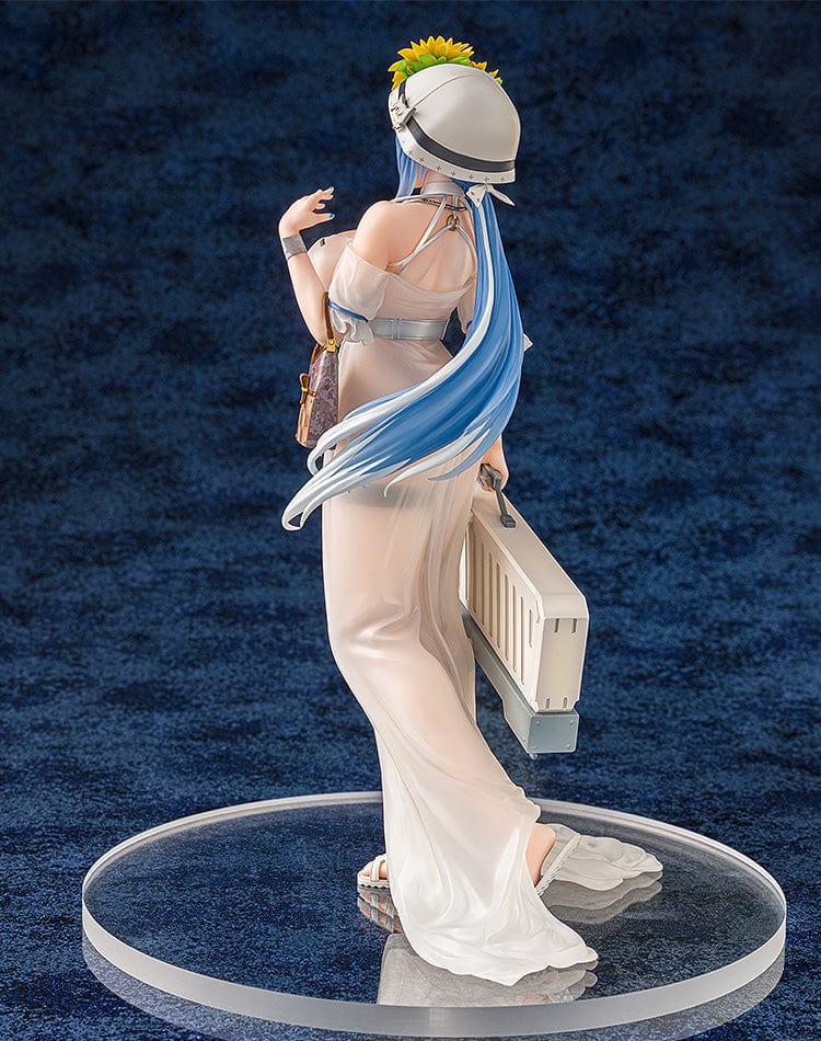 Girls' Frontline DP-12 (Morning Fable Ver.) 1/7 Scale Figure in translucent white summer dress with sunflower hat and large weapon, standing gracefully.