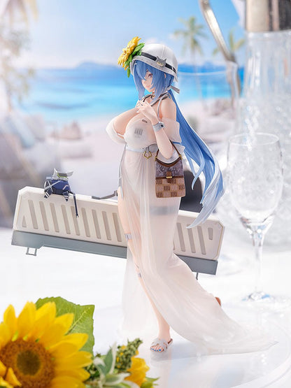 Girls' Frontline DP-12 (Morning Fable Ver.) 1/7 Scale Figure in translucent white summer dress with sunflower hat and large weapon, standing gracefully.