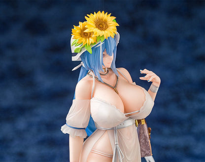 Girls' Frontline DP-12 (Morning Fable Ver.) 1/7 Scale Figure in translucent white summer dress with sunflower hat and large weapon, standing gracefully.