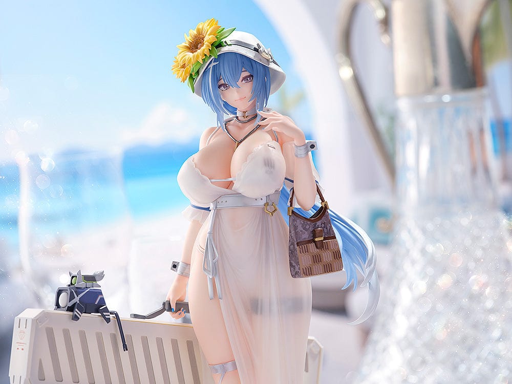 Girls' Frontline DP-12 (Morning Fable Ver.) 1/7 Scale Figure in translucent white summer dress with sunflower hat and large weapon, standing gracefully.