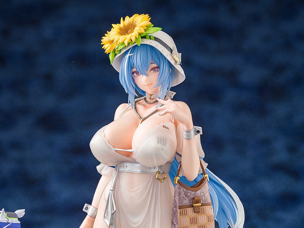 Girls' Frontline DP-12 (Morning Fable Ver.) 1/7 Scale Figure in translucent white summer dress with sunflower hat and large weapon, standing gracefully.